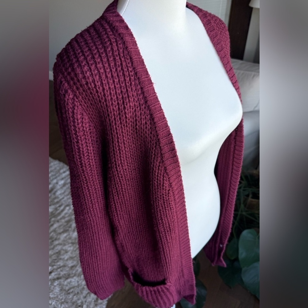 Almost Famous MEDIUM Burgundy Knit Cardigan Sweater With Back Lace Up Detail - Picture 3 of 8